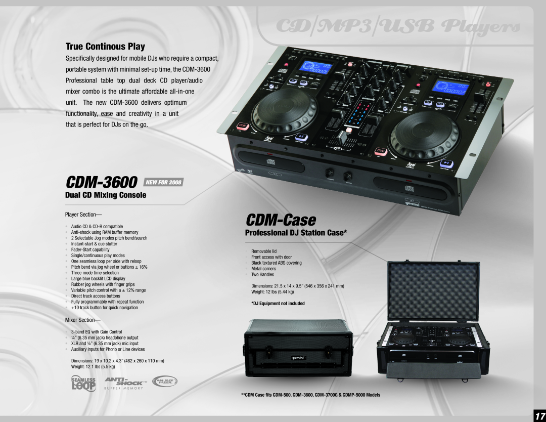 Gemini 36 manual CD/MP3/USB Players, CDM-Case, Dual CD Mixing Console, Professional DJ Station Case, True Continous Play 