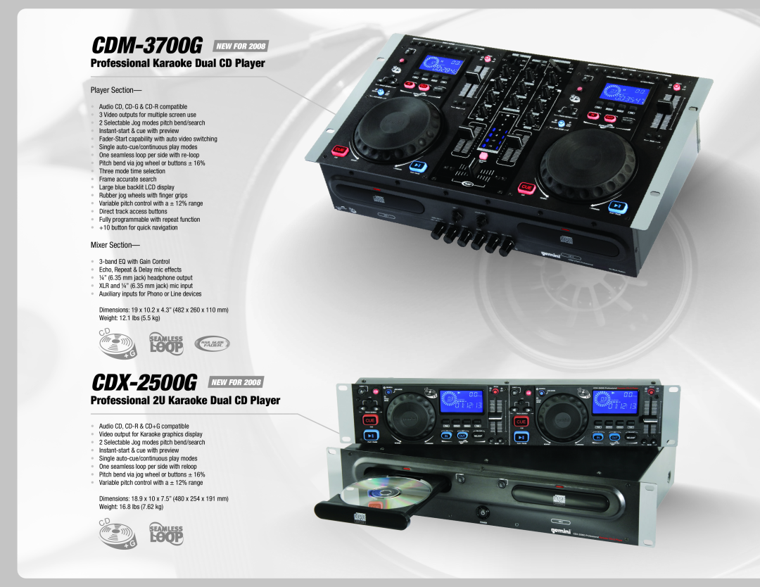 Gemini 36 Professional Karaoke Dual CD Player, Professional 2U Karaoke Dual CD Player, CDM-3700G NEW FOR, Player Section 
