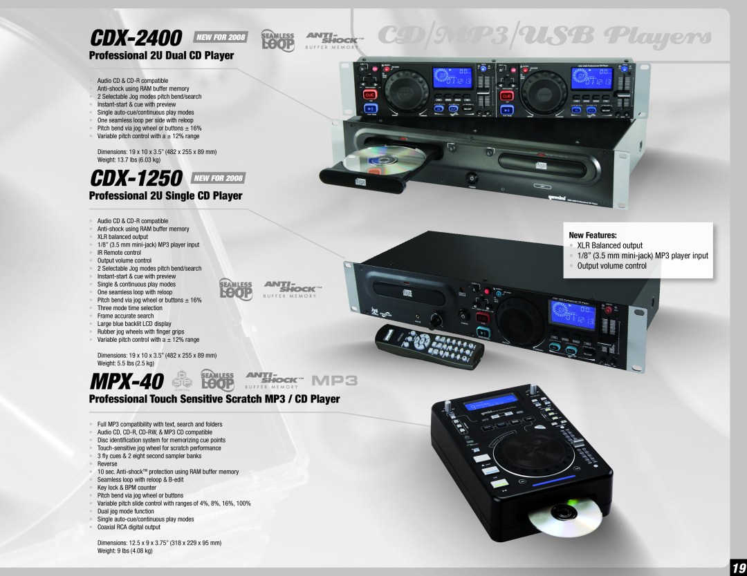 Gemini 36 CDX-2400 NEW FOR 2008 CD/MP3/USB Players, MPX-40, Professional 2U Dual CD Player, New Features, CDX-1250 NEW FOR 