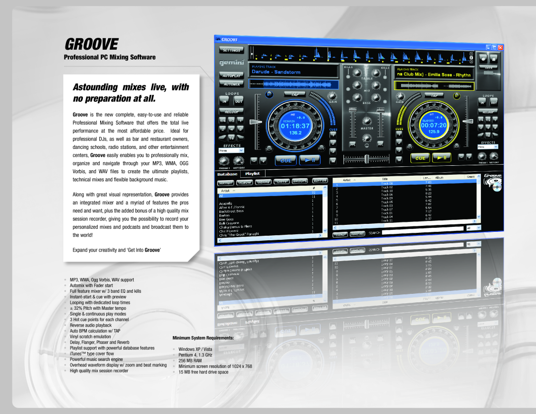 Gemini 36 manual Groove, Astounding mixes live, with no preparation at all, Professional PC Mixing Software 