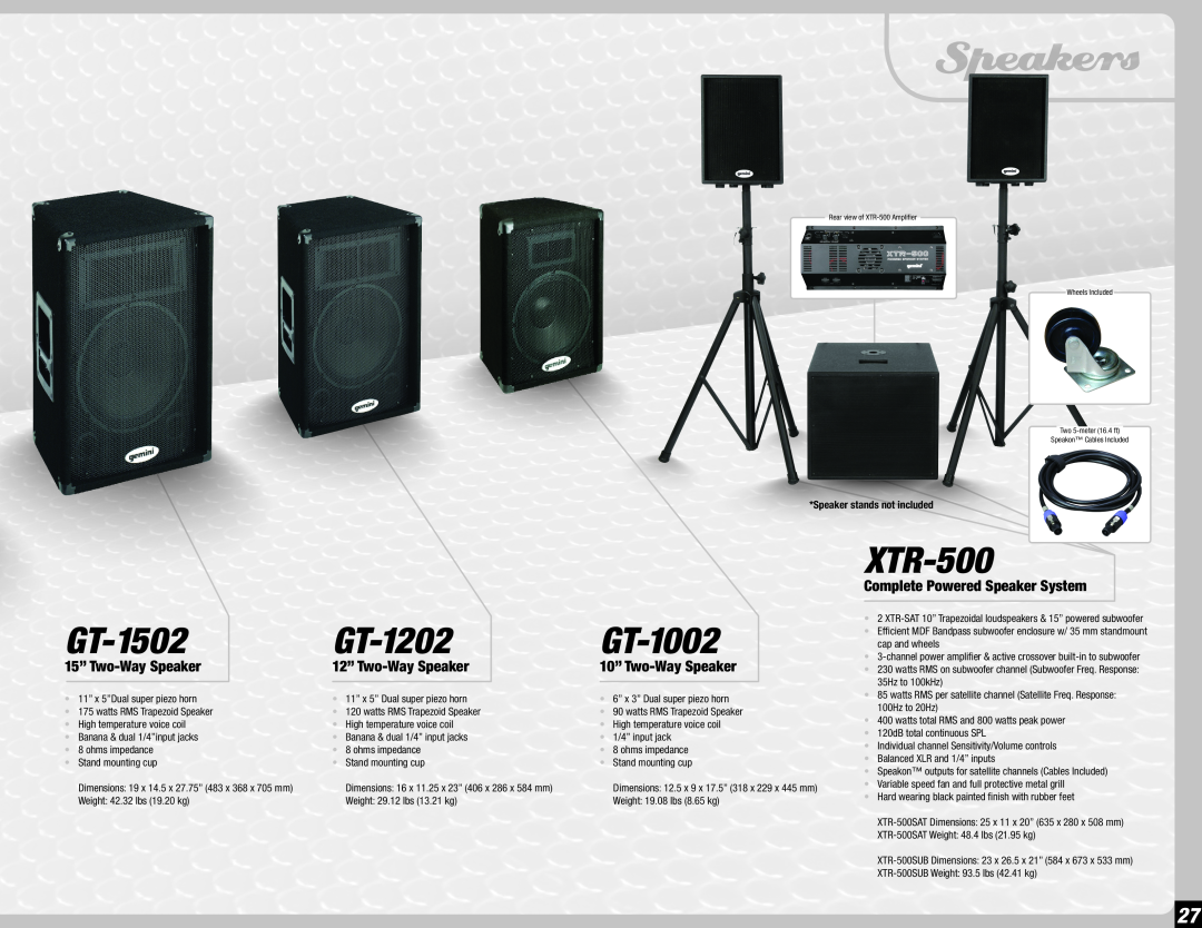 Gemini 36 manual GT-1502, GT-1202, GT-1002, XTR-500, Speakers, 15” Two-WaySpeaker, 12” Two-WaySpeaker, 10” Two-WaySpeaker 