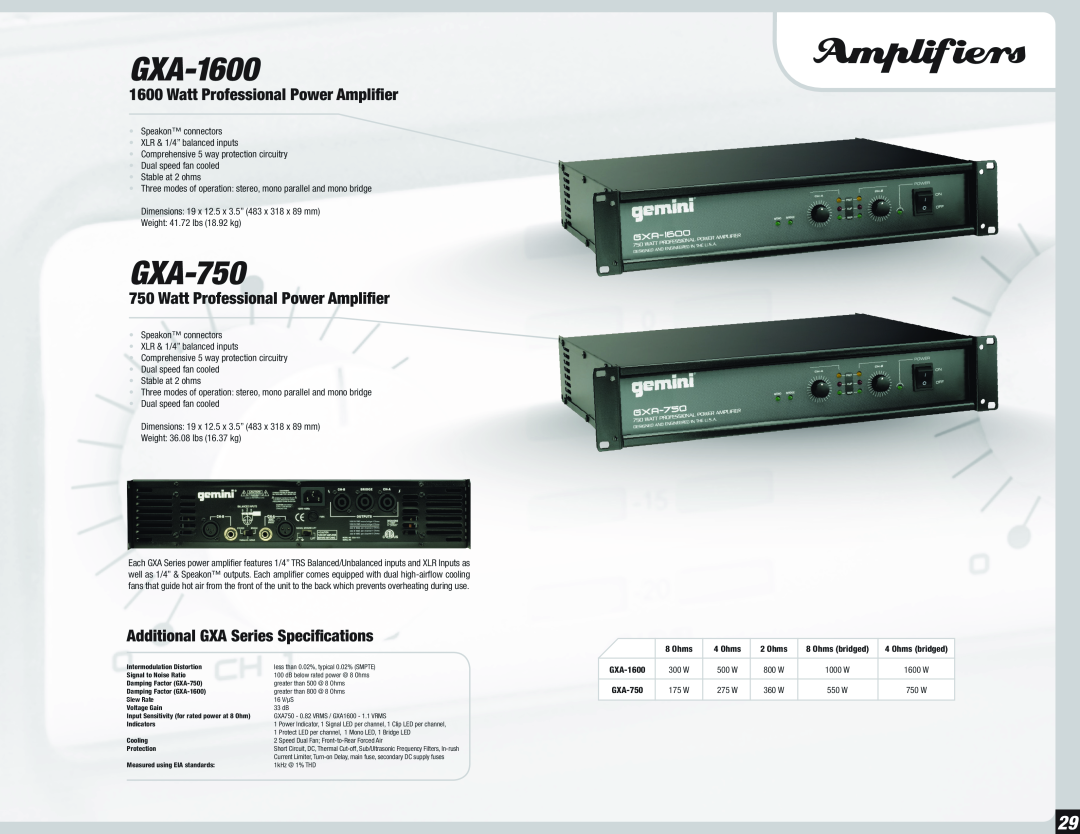 Gemini 36 manual Amplifiers, GXA-1600, GXA-750, Watt Professional Power Amplifier, Additional GXA Series Specifications 