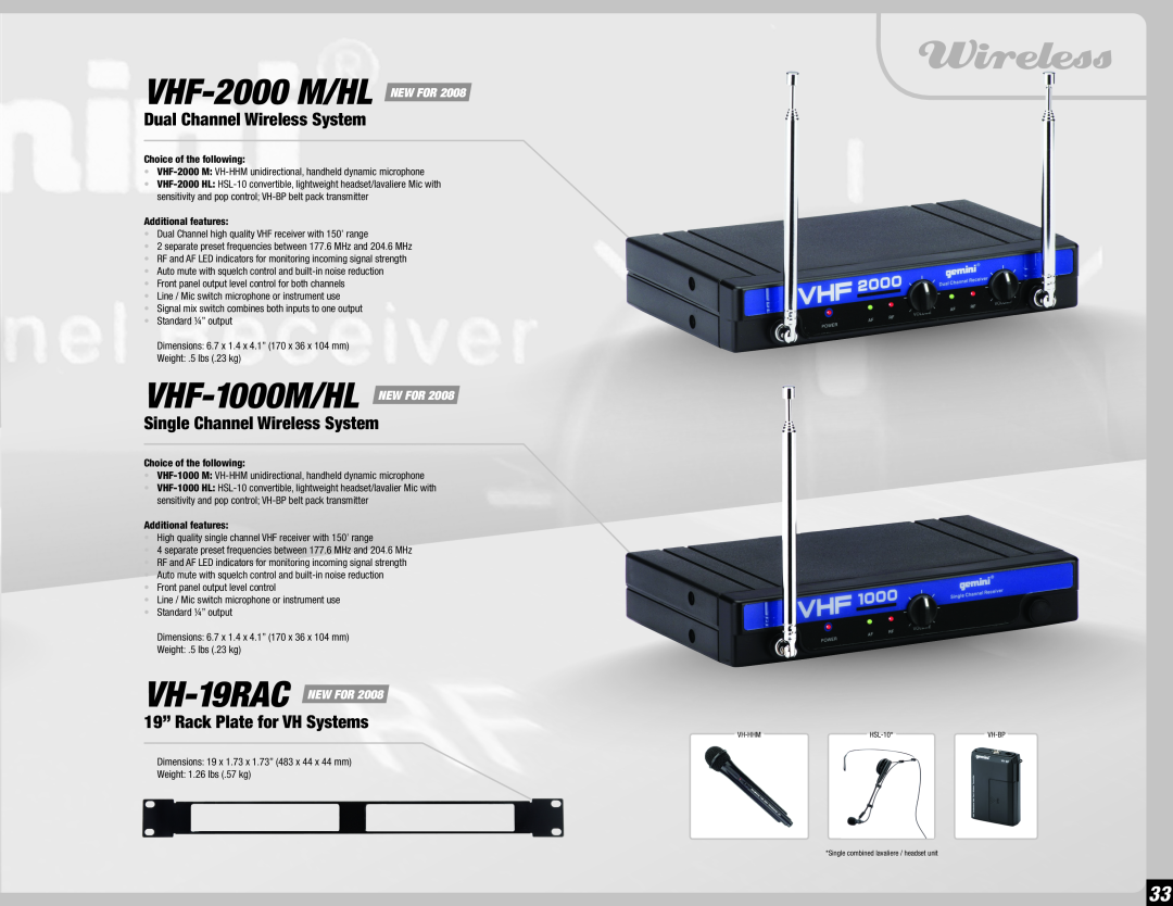 Gemini 36 VHF-2000M/HL NEW FOR, VHF-1000M/HL NEW FOR, Dual Channel Wireless System, Single Channel Wireless System 