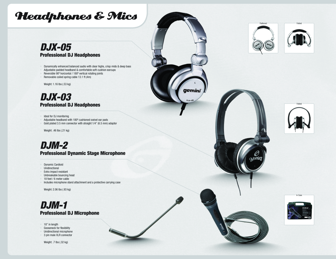 Gemini 36 manual Headphones & Mics, DJX-05, DJX-03, DJM-2, DJM-1, Professional DJ Headphones, Professional DJ Microphone 
