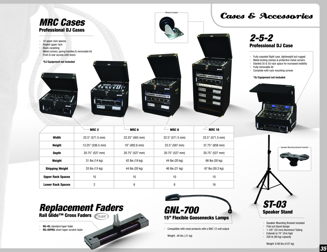 Gemini 36 manual MRC Cases, 2-5-2, Replacement Faders, GNL-700, ST-03, Professional DJ Cases, Rail Glide Cross Faders 
