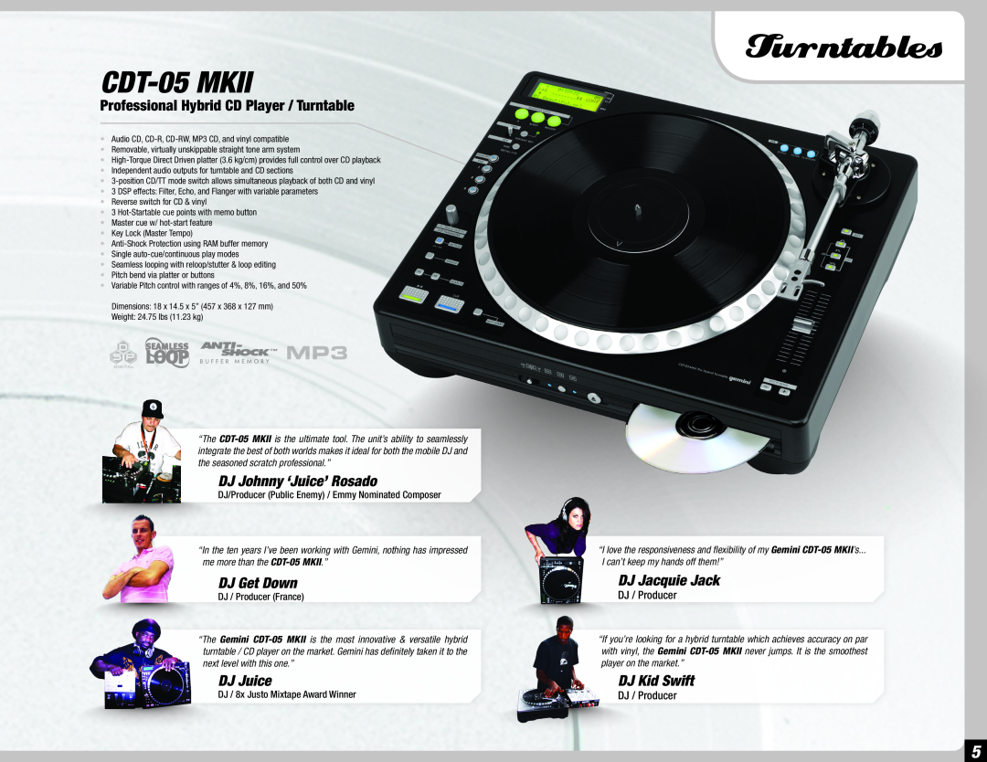 Gemini 36 manual Turntables, CDT-05MKII, Professional Hybrid CD Player / Turntable, DJ / Producer 
