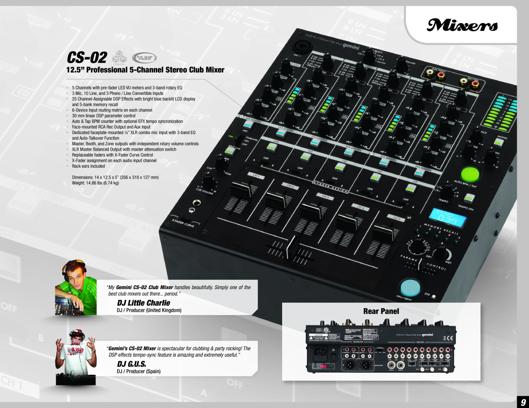 Gemini 36 manual Mixers, CS-02, 12.5” Professional 5-ChannelStereo Club Mixer, Rear Panel, DJ / Producer United Kingdom 