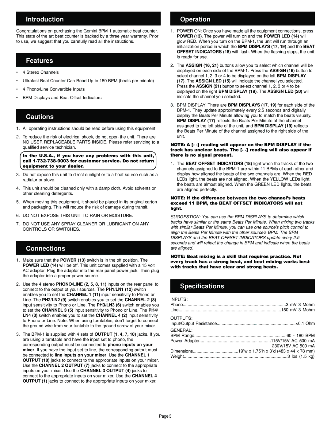 Gemini BPM-1 manual Introduction, Features, Connections, Operation, Specifications 