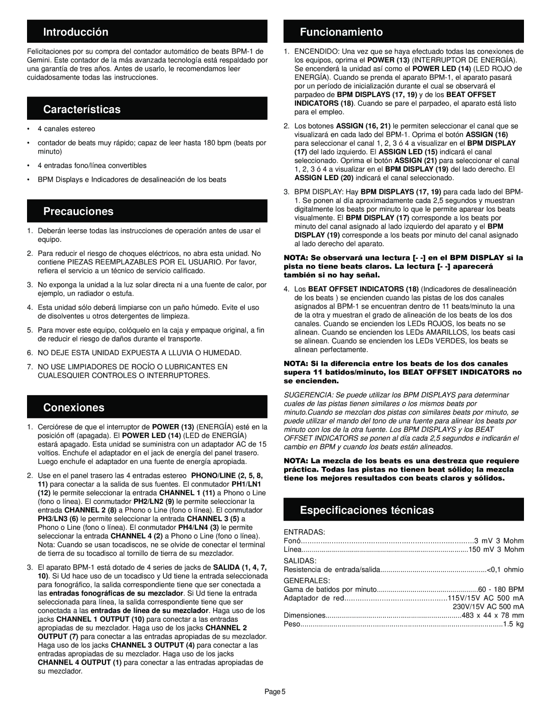 Gemini BPM-1 manual Introducción Funcionamiento, Características, Precauciones, Conexiones, Especificaciones técnicas 