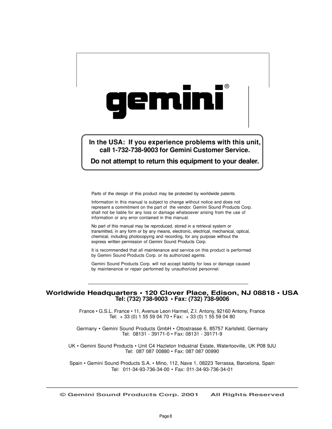 Gemini BPM-1 manual Do not attempt to return this equipment to your dealer 