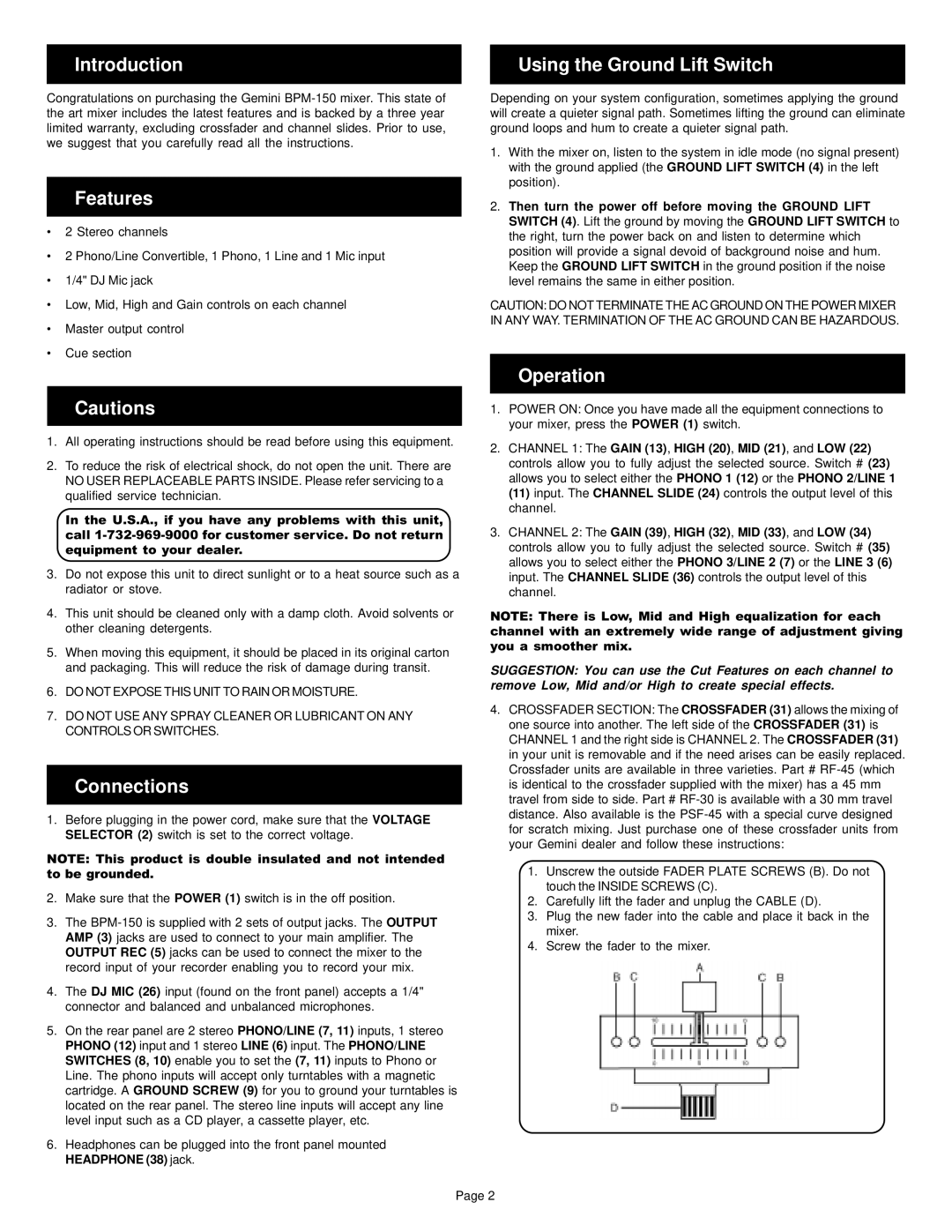 Gemini BPM-150 manual Introduction Using the Ground Lift Switch, Features, Connections, Operation 