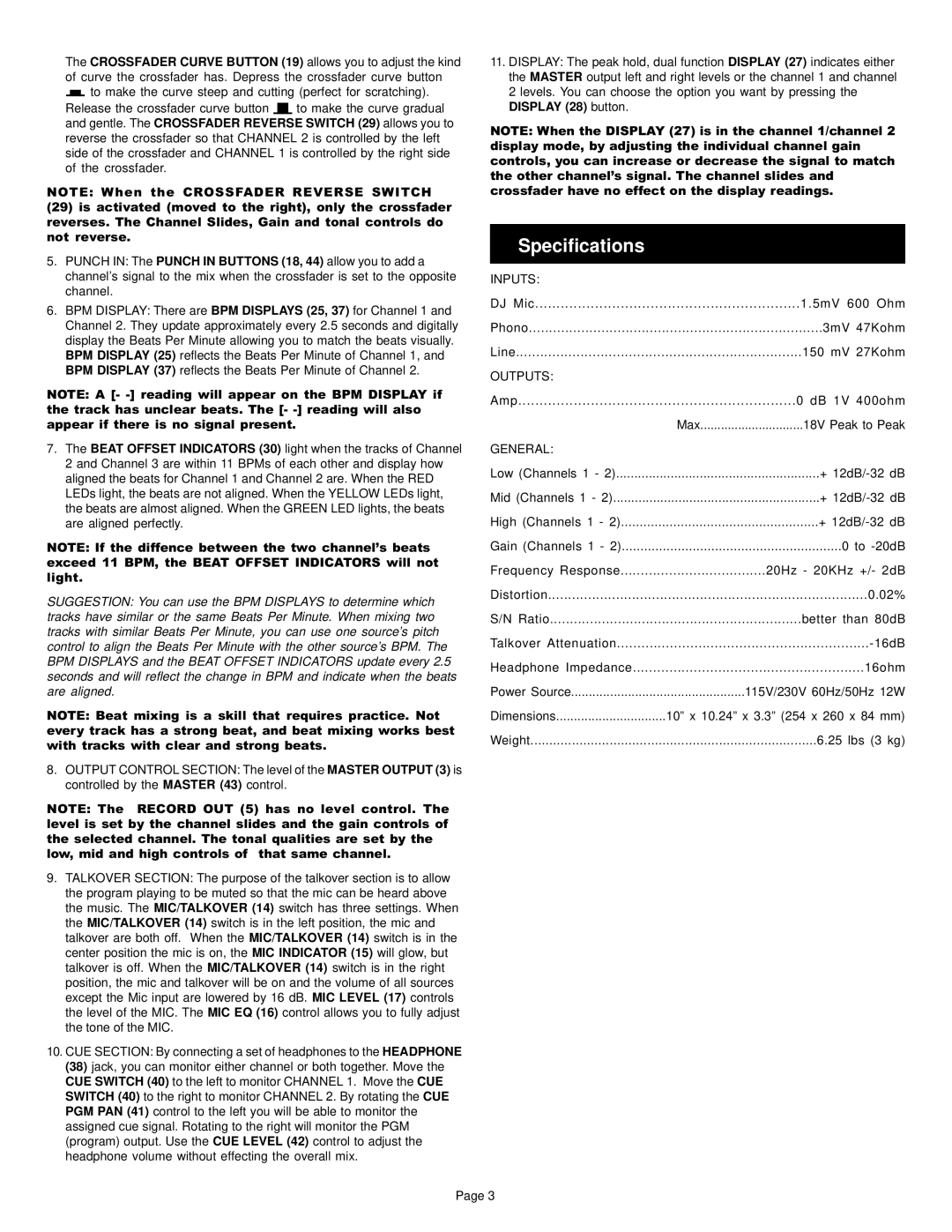 Gemini BPM-150 manual Specifications, General 