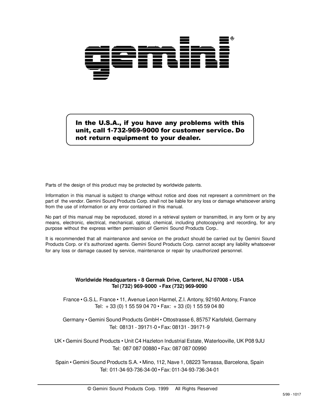 Gemini BPM-150 manual Gemini Sound Products Corp All Rights Reserved 