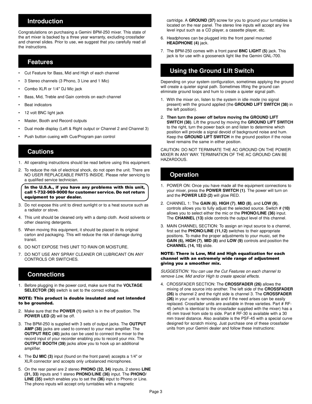 Gemini BPM-250 manual Introduction, Features, Using the Ground Lift Switch, Connections, Operation 