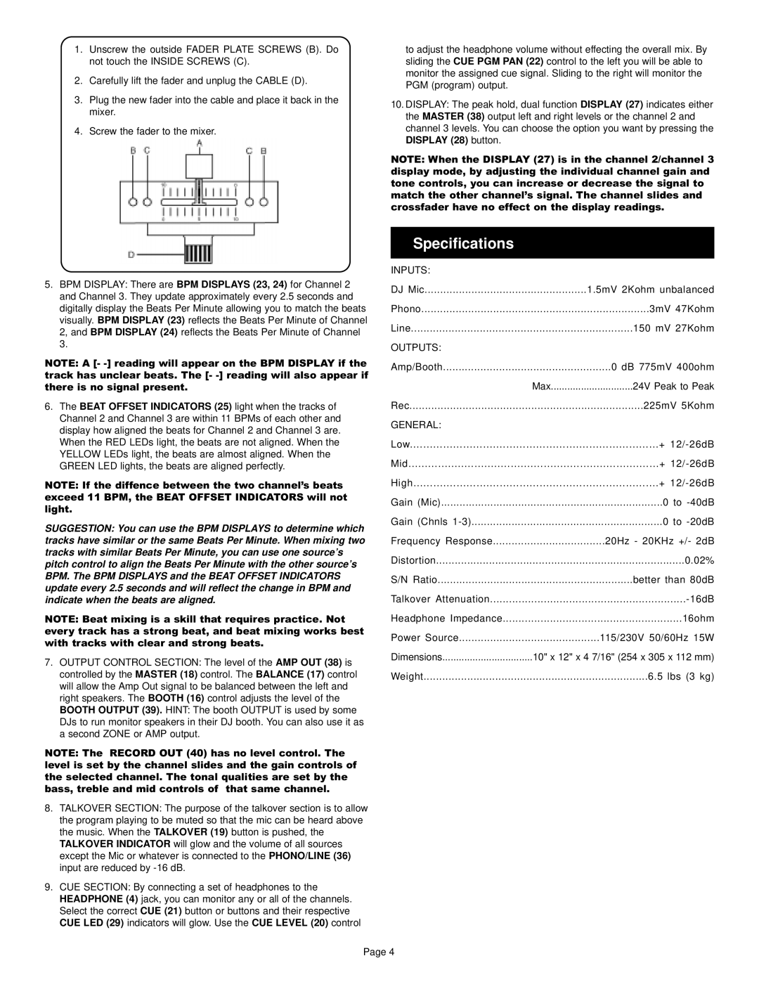 Gemini BPM-250 manual Specifications, General 