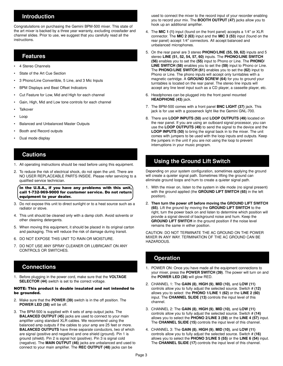 Gemini BPM-500 manual Introduction, Features, Connections, Using the Ground Lift Switch, Operation 