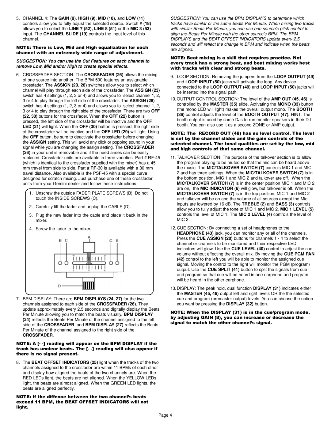 Gemini BPM-500 manual Crossfader 