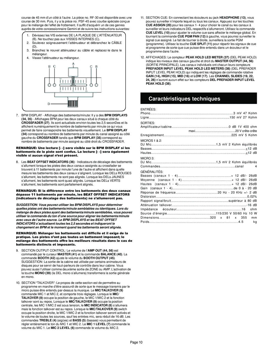 Gemini BPM1000 manual Caractéristiques techniques, Entrées, Sorties, Micro, Généralités 