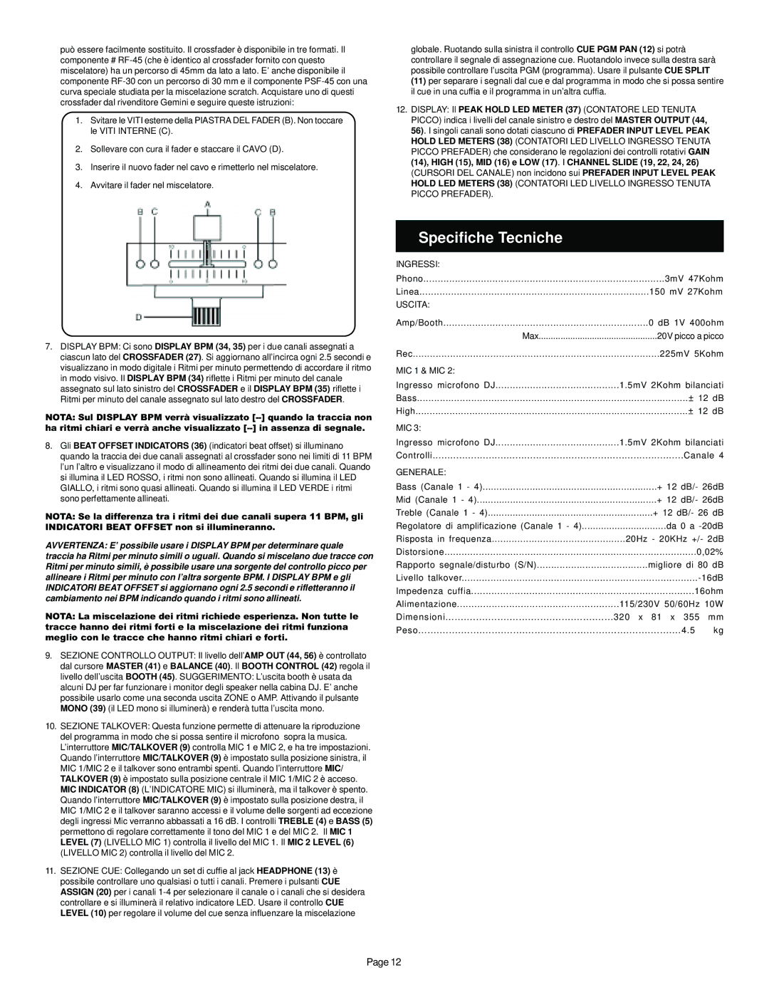 Gemini BPM1000 manual Specifiche Tecniche, Ingressi, Uscita, Generale 