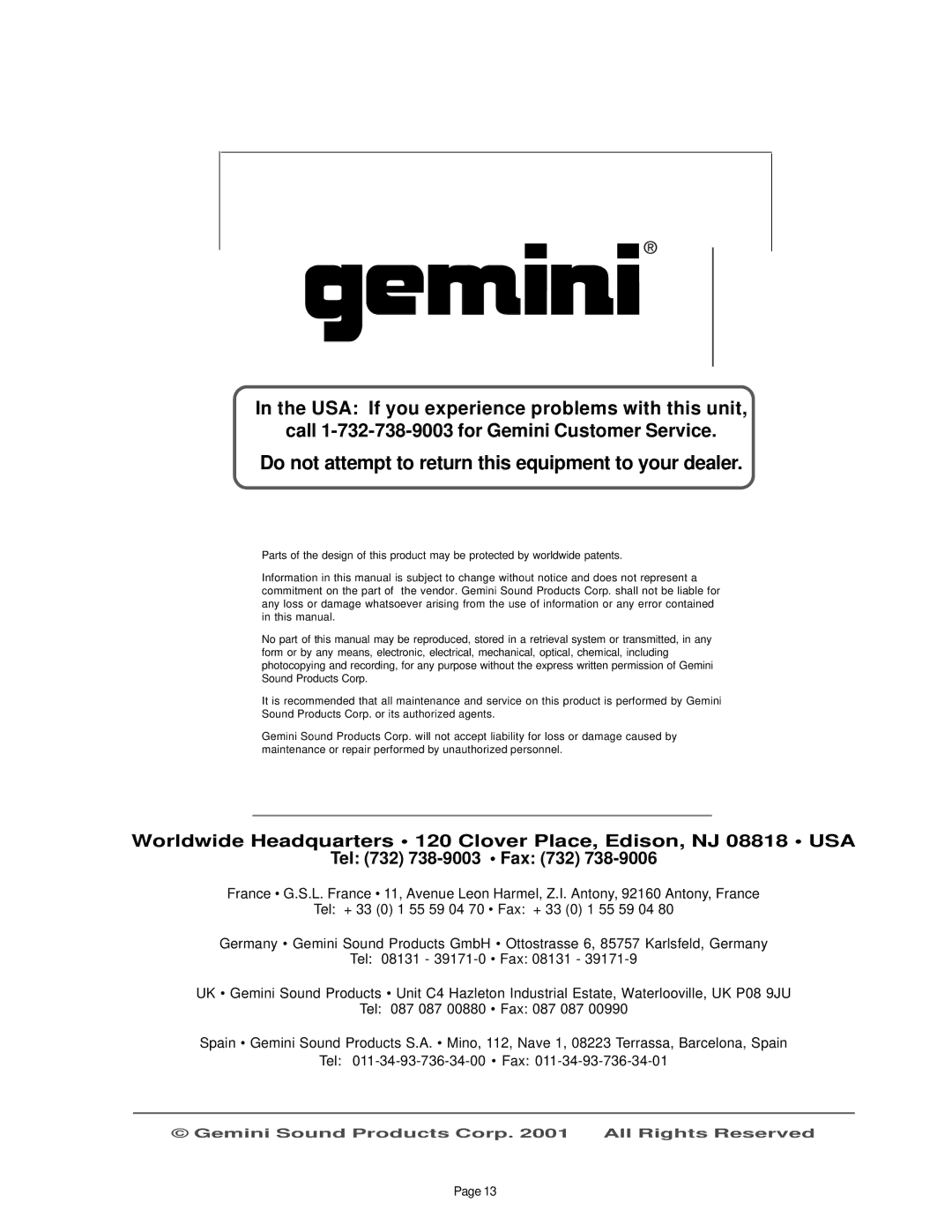 Gemini BPM1000 manual Do not attempt to return this equipment to your dealer 