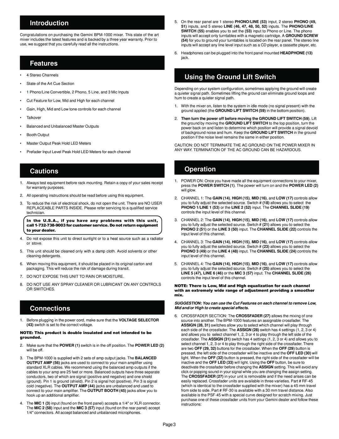 Gemini BPM1000 manual Introduction, Features, Using the Ground Lift Switch, Connections, Operation 