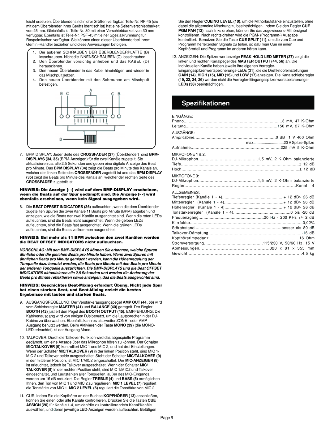 Gemini BPM1000 manual Spezifikationen 