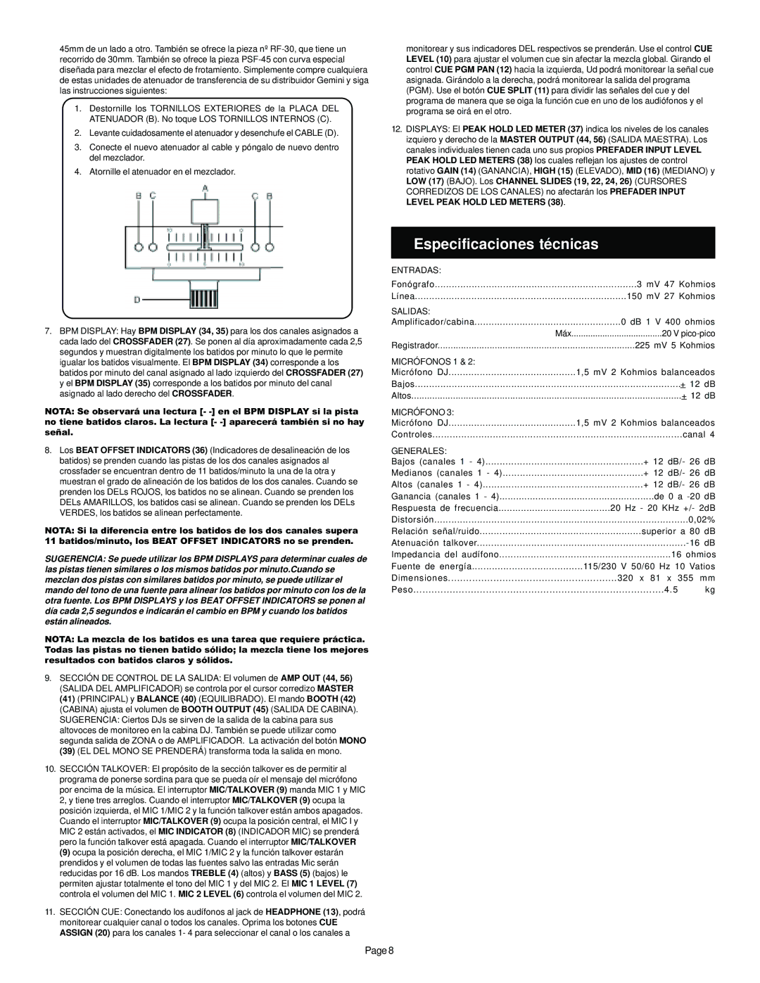 Gemini BPM1000 manual Especificaciones técnicas 