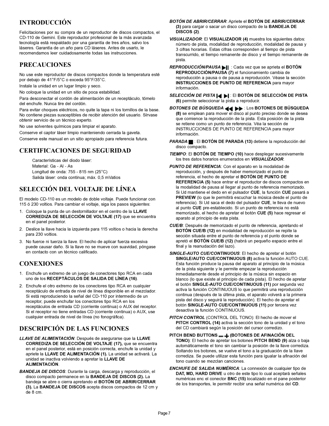 Gemini CD-110 manual Introducción, Precauciones, Certificaciones DE Seguridad, Selección DEL Voltaje DE Línea, Conexiones 