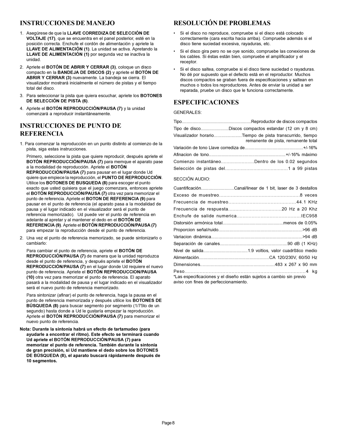 Gemini CD-110 Instrucciones DE Manejo, Instrucciones DE Punto DE Referencia, Resolución DE Problemas, Especificaciones 