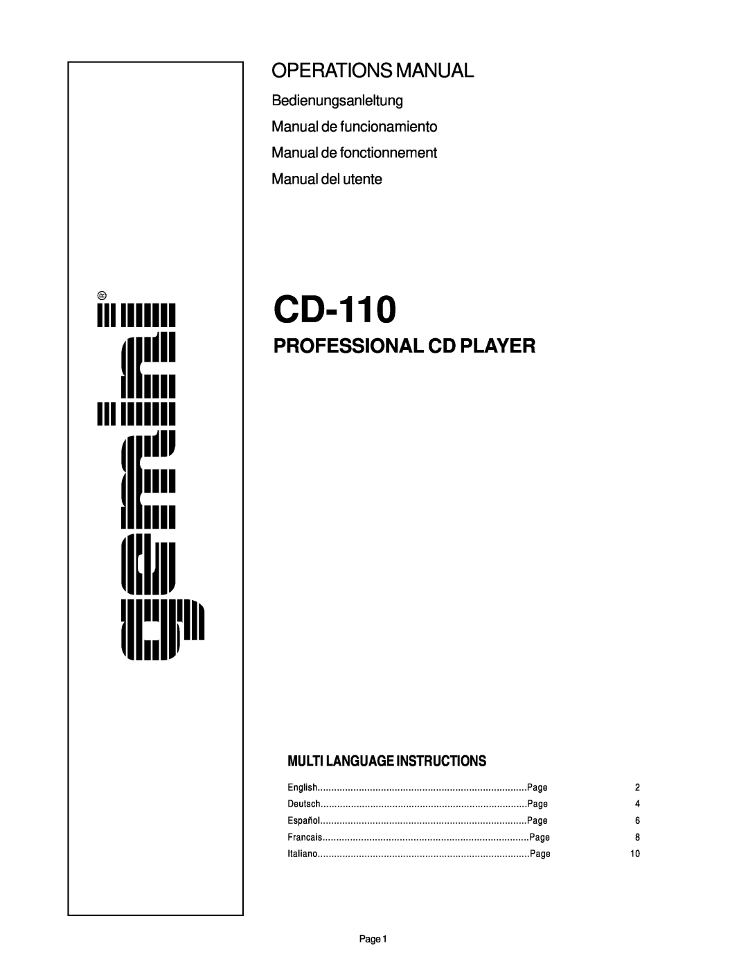 Gemini CD-110 manual Operations Manual, Professional Cd Player, Bedienungsanleltung Manual de funcionamiento 