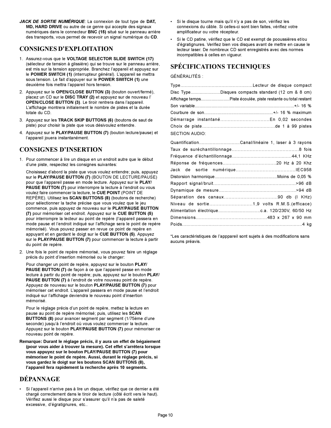 Gemini CD-110 manual Consignes D’Exploitation, Consignes D’Insertion, Dépannage, Spécifications Techniques 