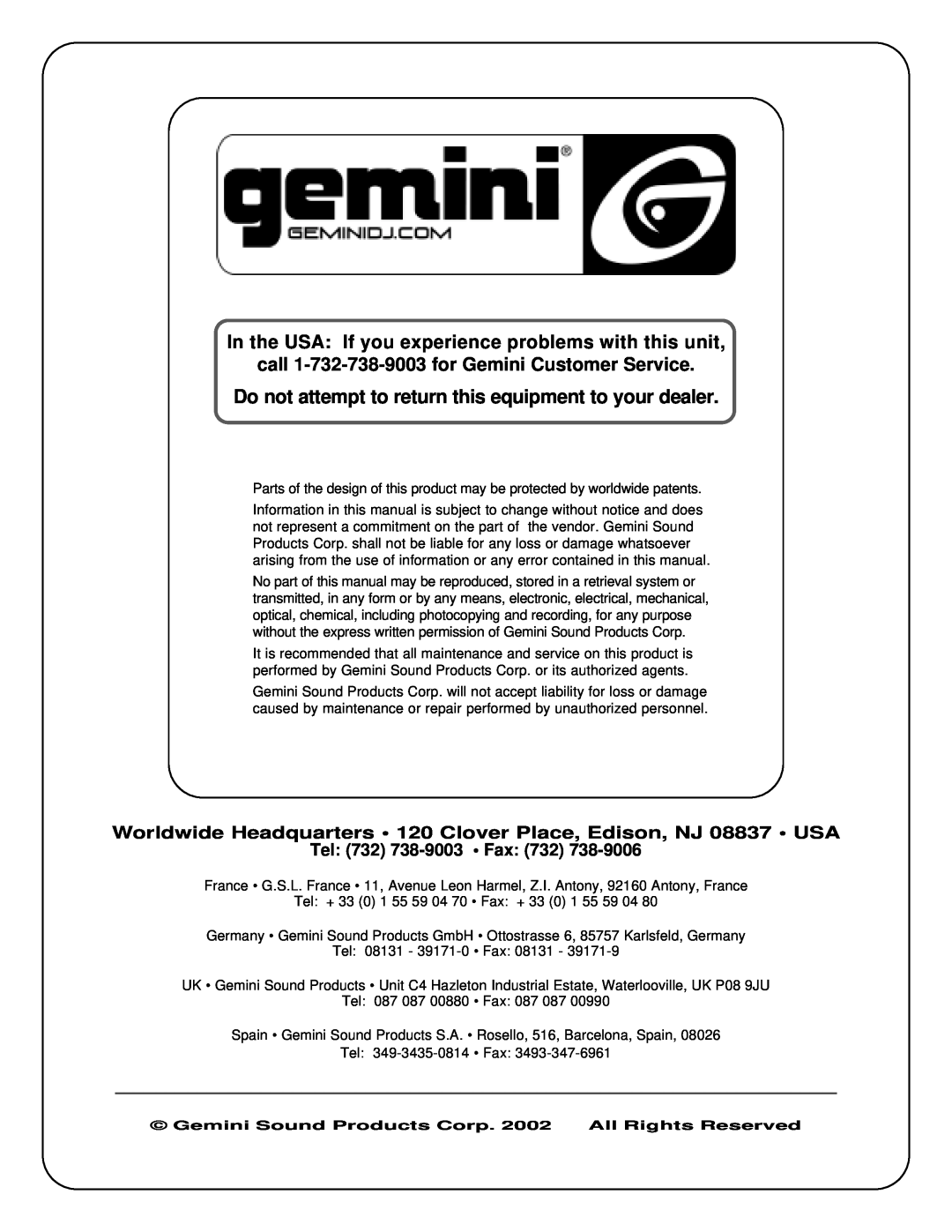 Gemini CD-110 manual call 1-732-738-9003for Gemini Customer Service, Tel 732 738-9003 Fax 