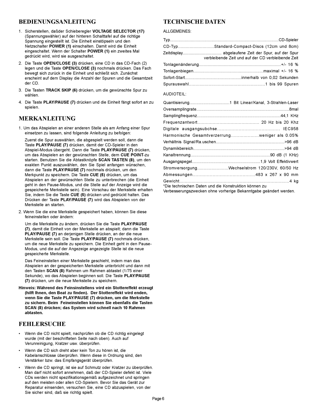 Gemini CD-110 manual Bedienungsanleitung, Merkanleitung, Fehlersuche, Technische Daten 