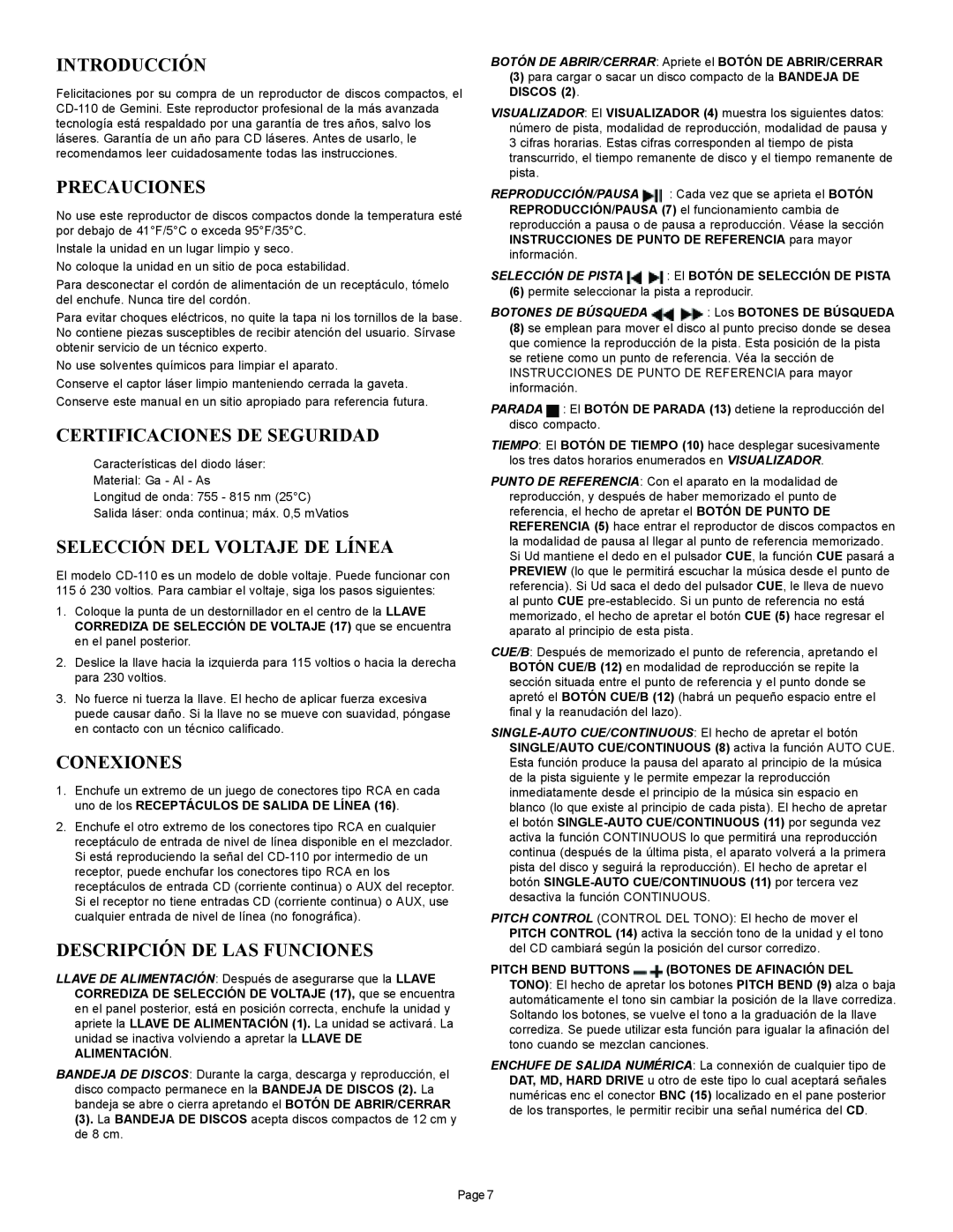 Gemini CD-110 manual Introducción, Precauciones, Certificaciones De Seguridad, Selección Del Voltaje De Línea, Conexiones 