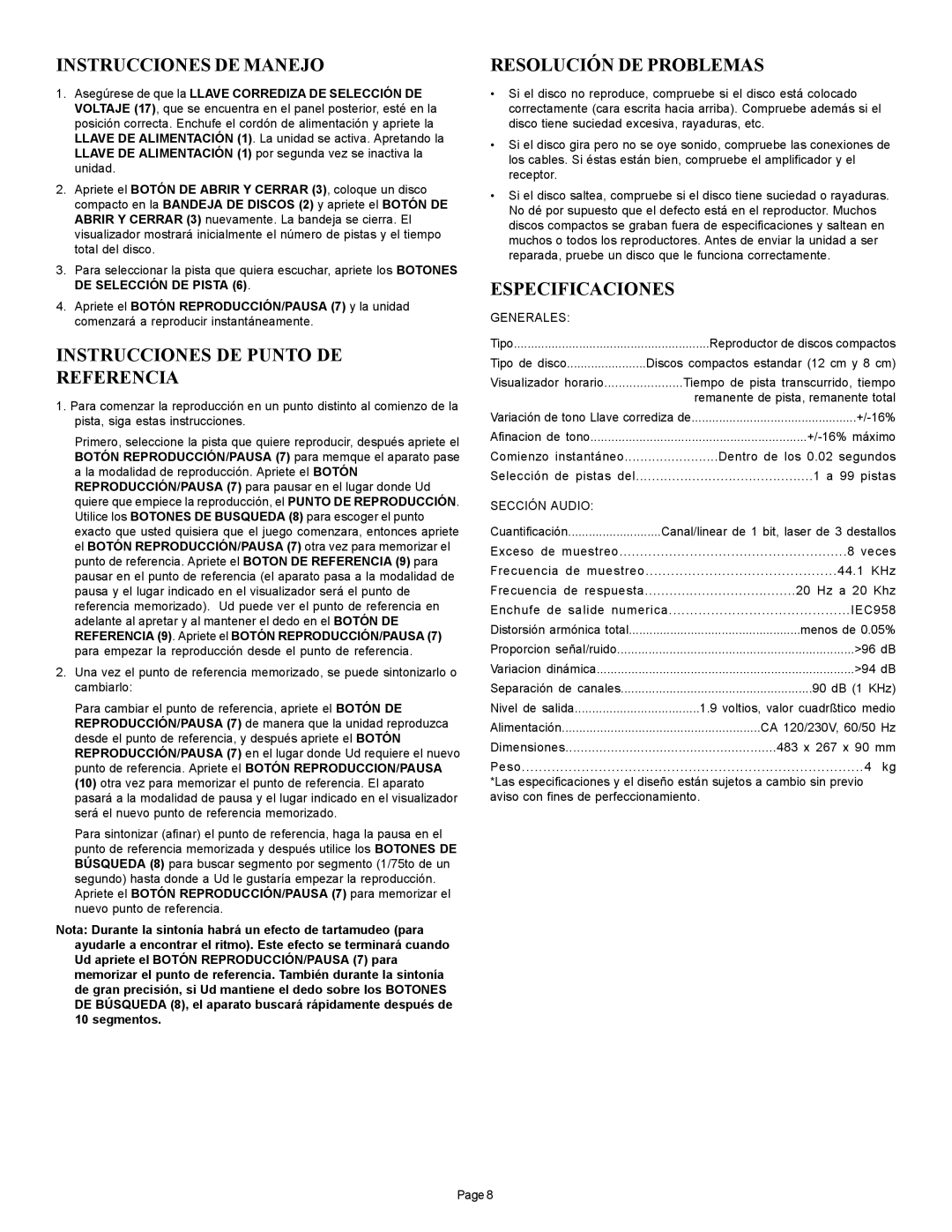Gemini CD-110 Instrucciones De Manejo, Instrucciones De Punto De Referencia, Resolución De Problemas, Especificaciones 