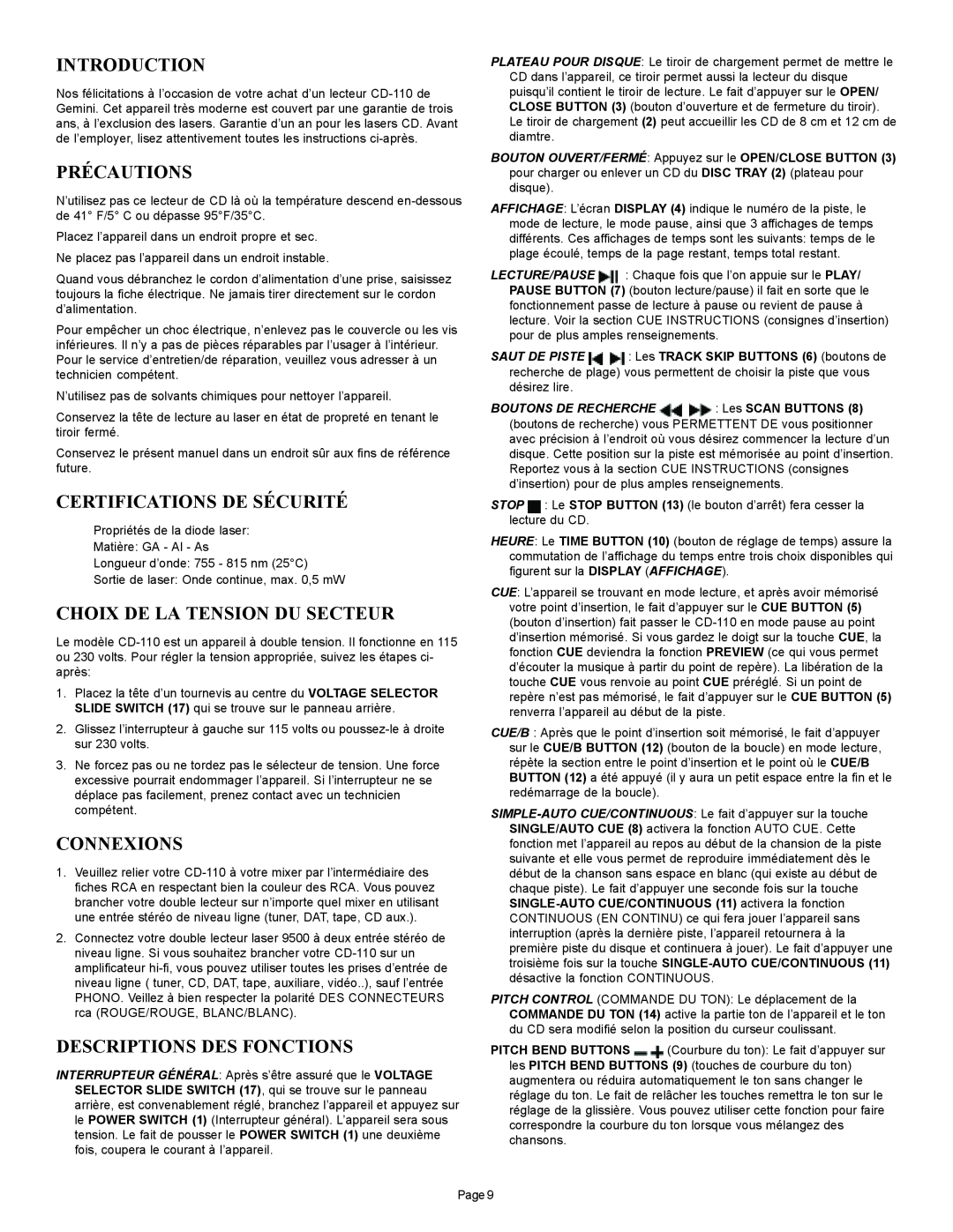 Gemini CD-110 manual Précautions, Certifications De Sécurité, Choix De La Tension Du Secteur, Connexions, Introduction 
