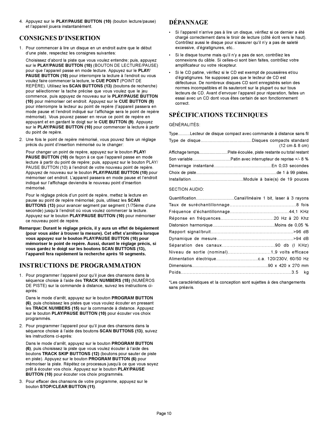 Gemini CD-12 manual Consignes D’INSERTION, Instructions DE Programmation, Dépannage, Spécifications Techniques 