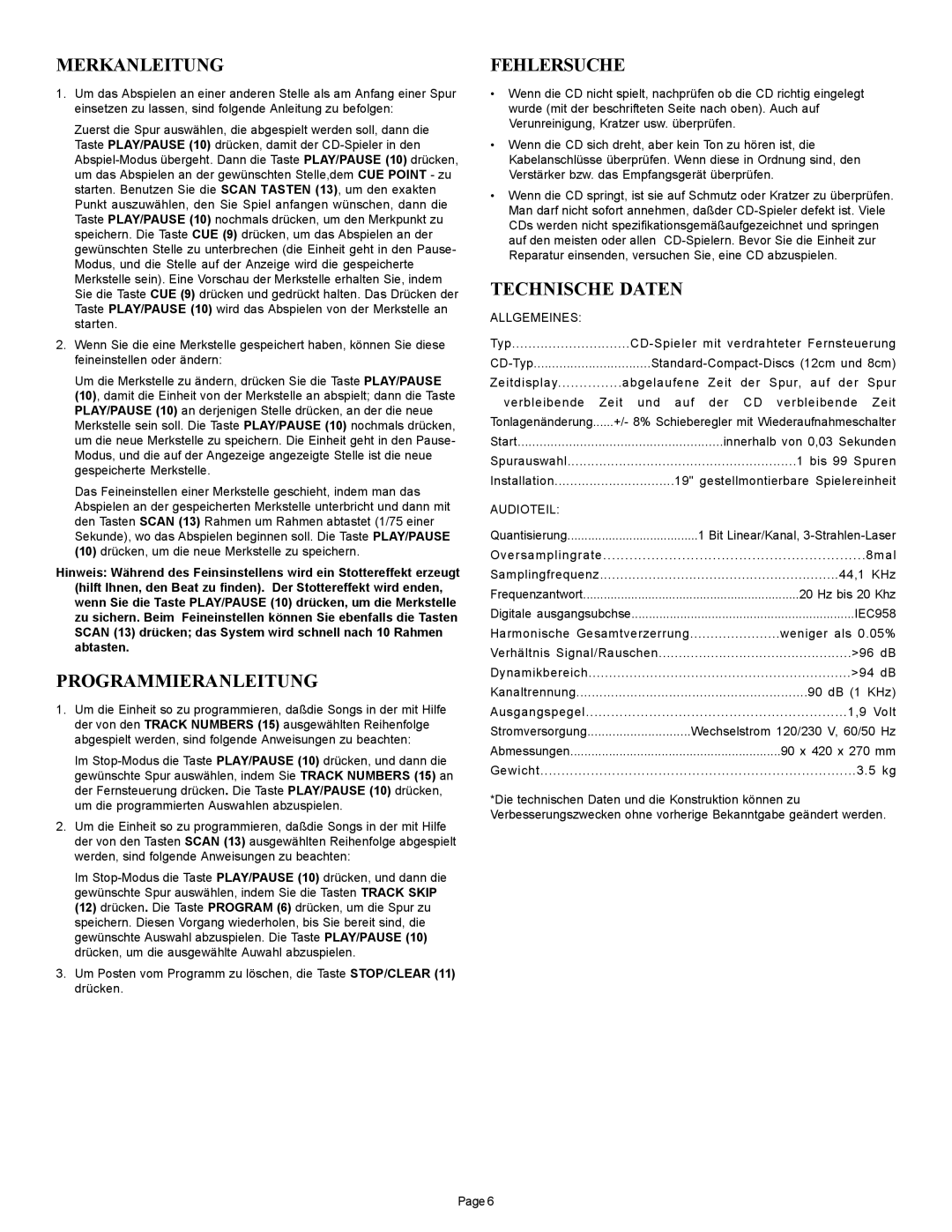 Gemini CD-12 manual Merkanleitung, Programmieranleitung, Fehlersuche, Technische Daten 