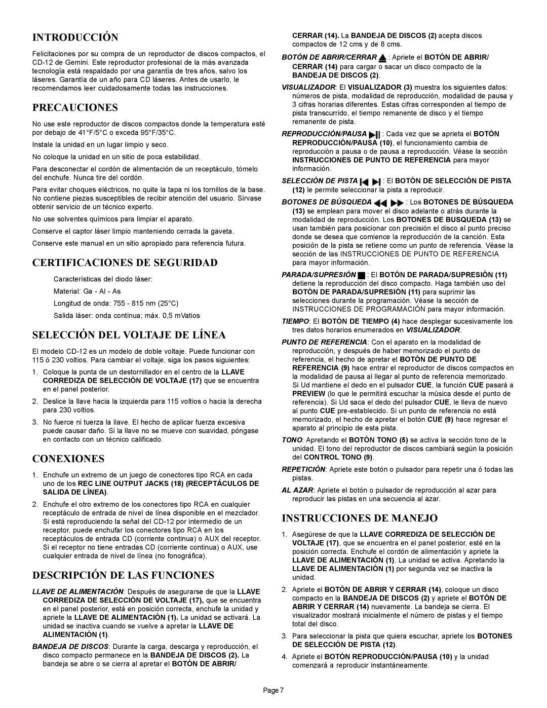 Gemini CD-12 manual Introducción, Precauciones, Certificaciones DE Seguridad, Selección DEL Voltaje DE Línea, Conexiones 