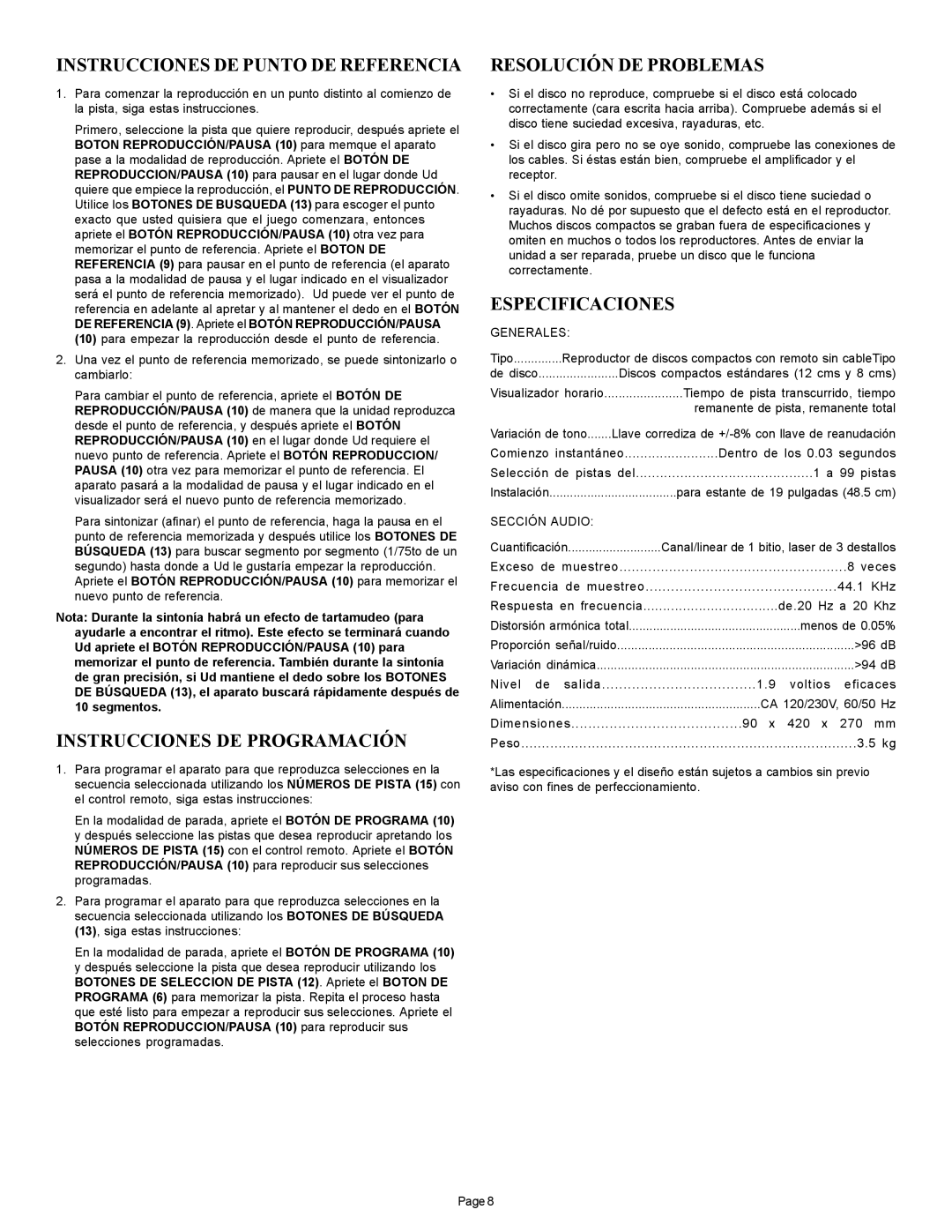 Gemini CD-12 manual Instrucciones DE Punto DE Referencia, Instrucciones DE Programación, Resolución DE Problemas 