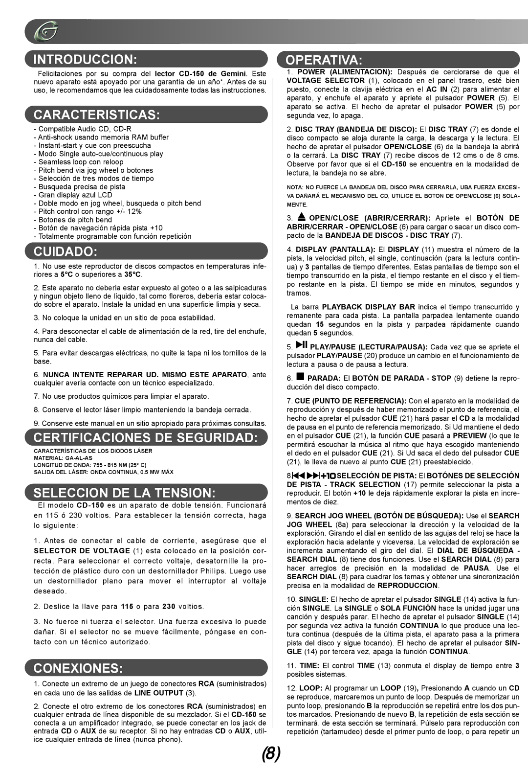 Gemini CD-150 Introduccion, Caracteristicas, Cuidado, Certificaciones DE Seguridad, Seleccion DE LA Tension, Conexiones 