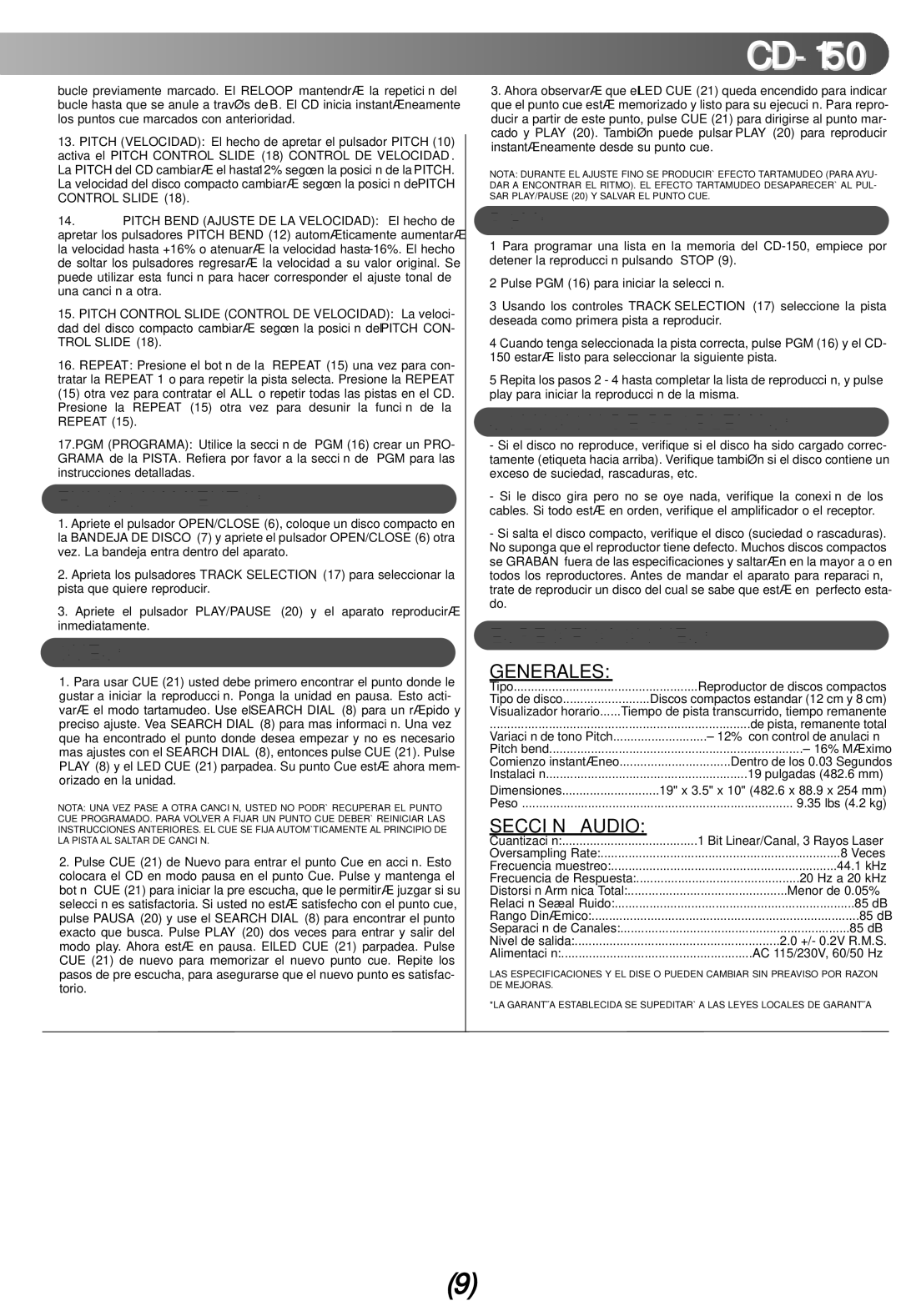 Gemini CD-150 manual Funcionamiento, Solucion DE Problemas, Especificaciones, Generales, Sección Audio 