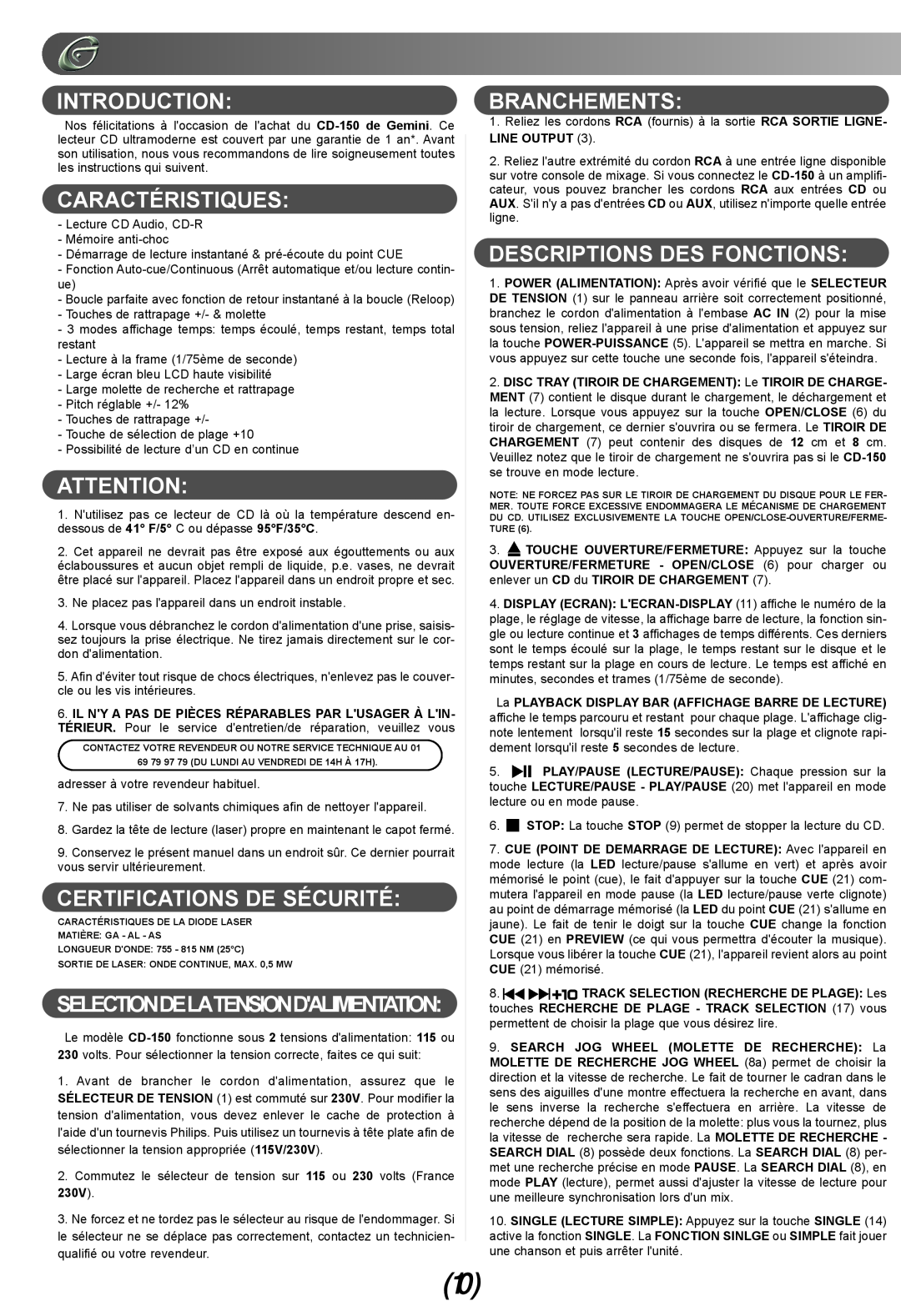 Gemini CD-150 manual Caractéristiques, Certifications De Sécurité, Branchements, Descriptions Des Fonctions, Introduction 