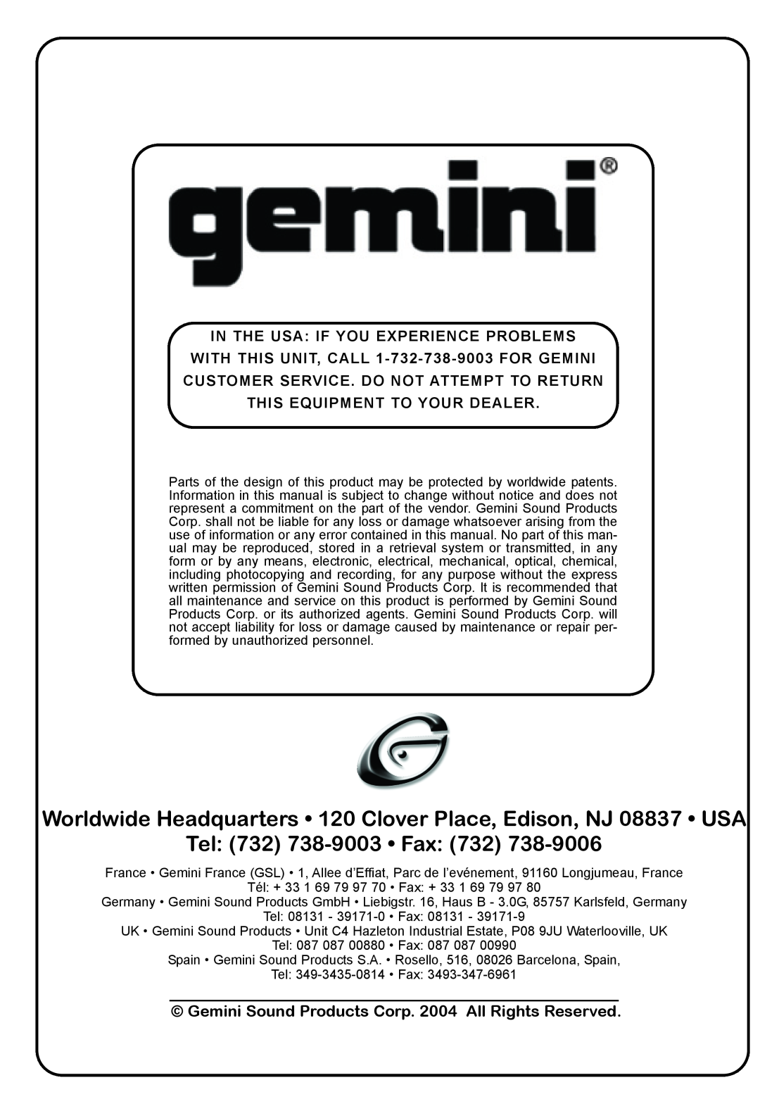 Gemini CD-150 Tel 732 738-9003 Fax, In The Usa If You Experience Problems, WITH THIS UNIT, CALL 1-732-738-9003FOR GEMINI 