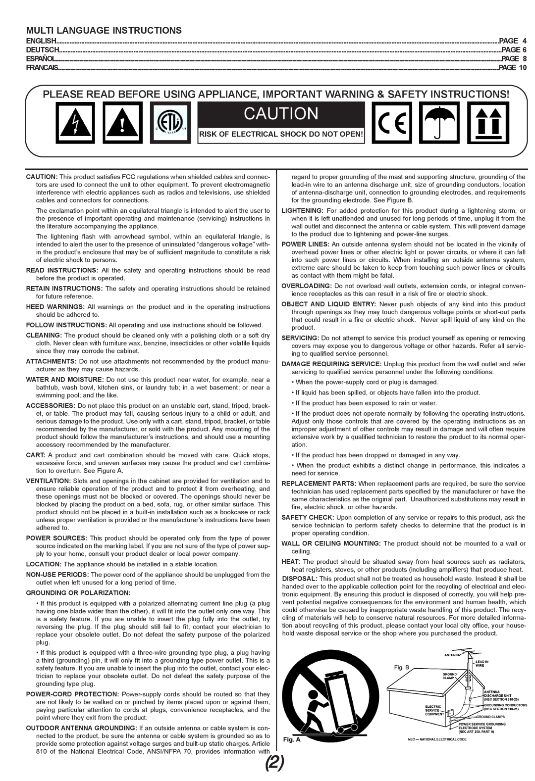 Gemini CD-150 manual Multi Language Instructions, Page, Risk Of Electrical Shock Do Not Open 