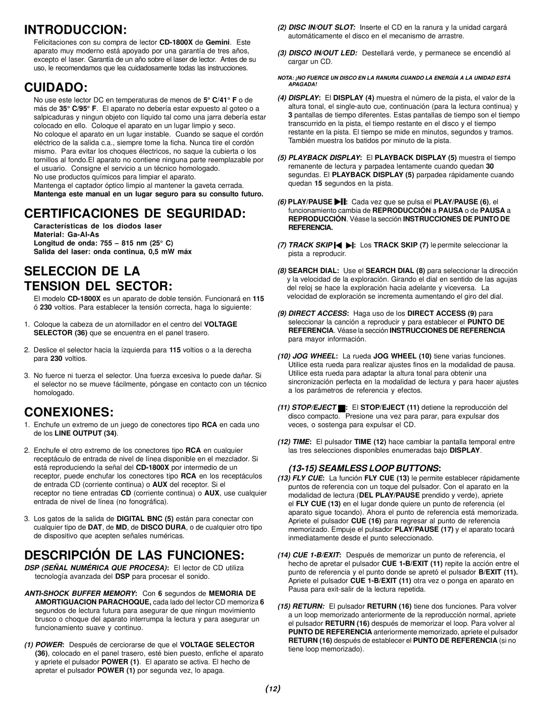 Gemini CD-1800X manual Introduccion, Cuidado, Certificaciones DE Seguridad, Seleccion DE LA Tension DEL Sector, Conexiones 