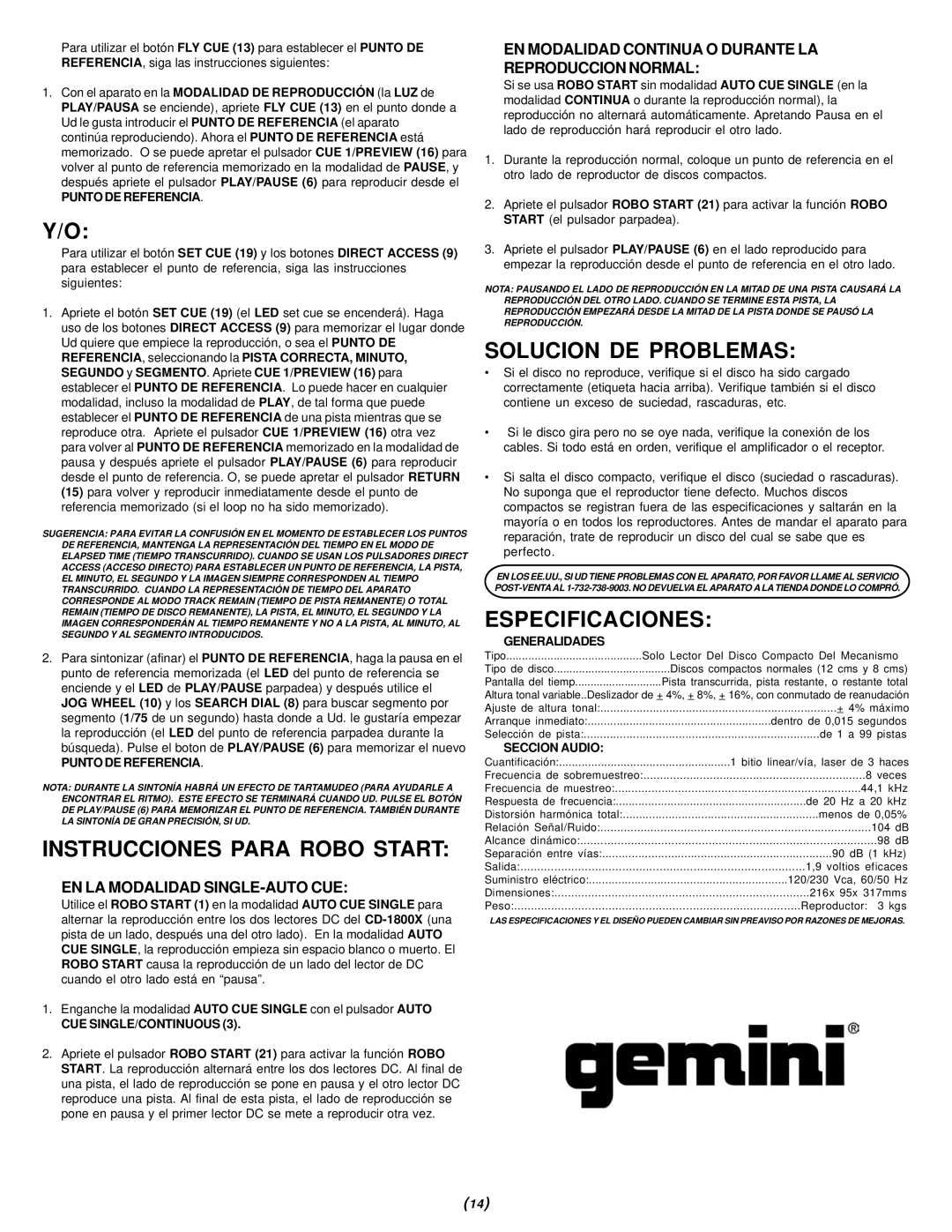 Gemini CD-1800X Instrucciones Para Robo Start, Solucion DE Problemas, Especificaciones, EN LA Modalidad SINGLE-AUTO CUE 