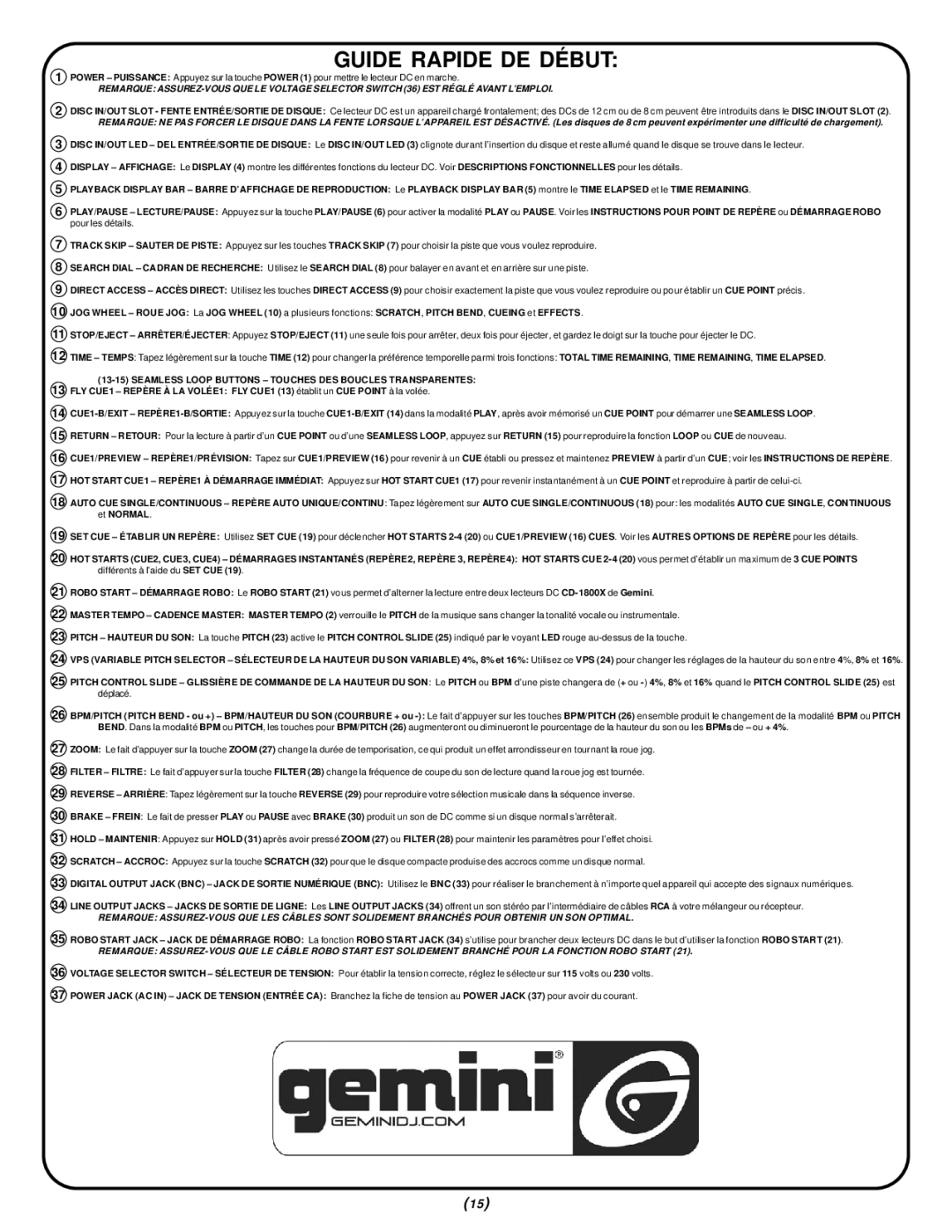 Gemini CD-1800X manual Guide Rapide DE Début 