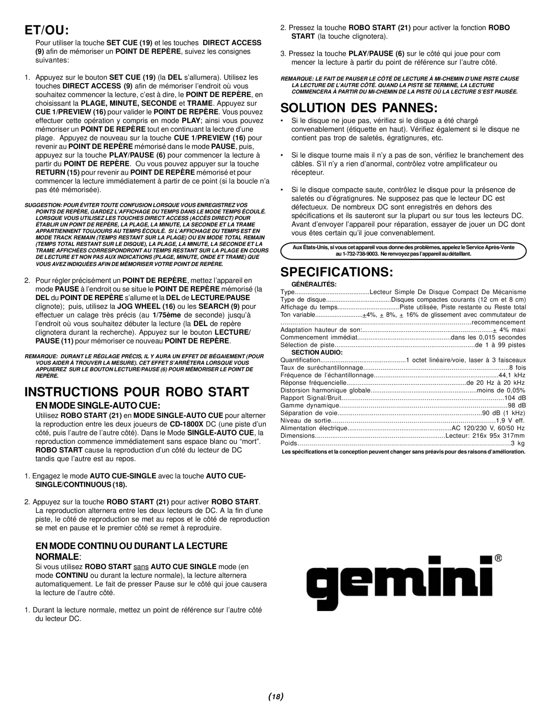 Gemini CD-1800X manual Et/Ou, Instructions Pour Robo Start, Solution DES Pannes, EN Mode SINGLE-AUTO CUE 