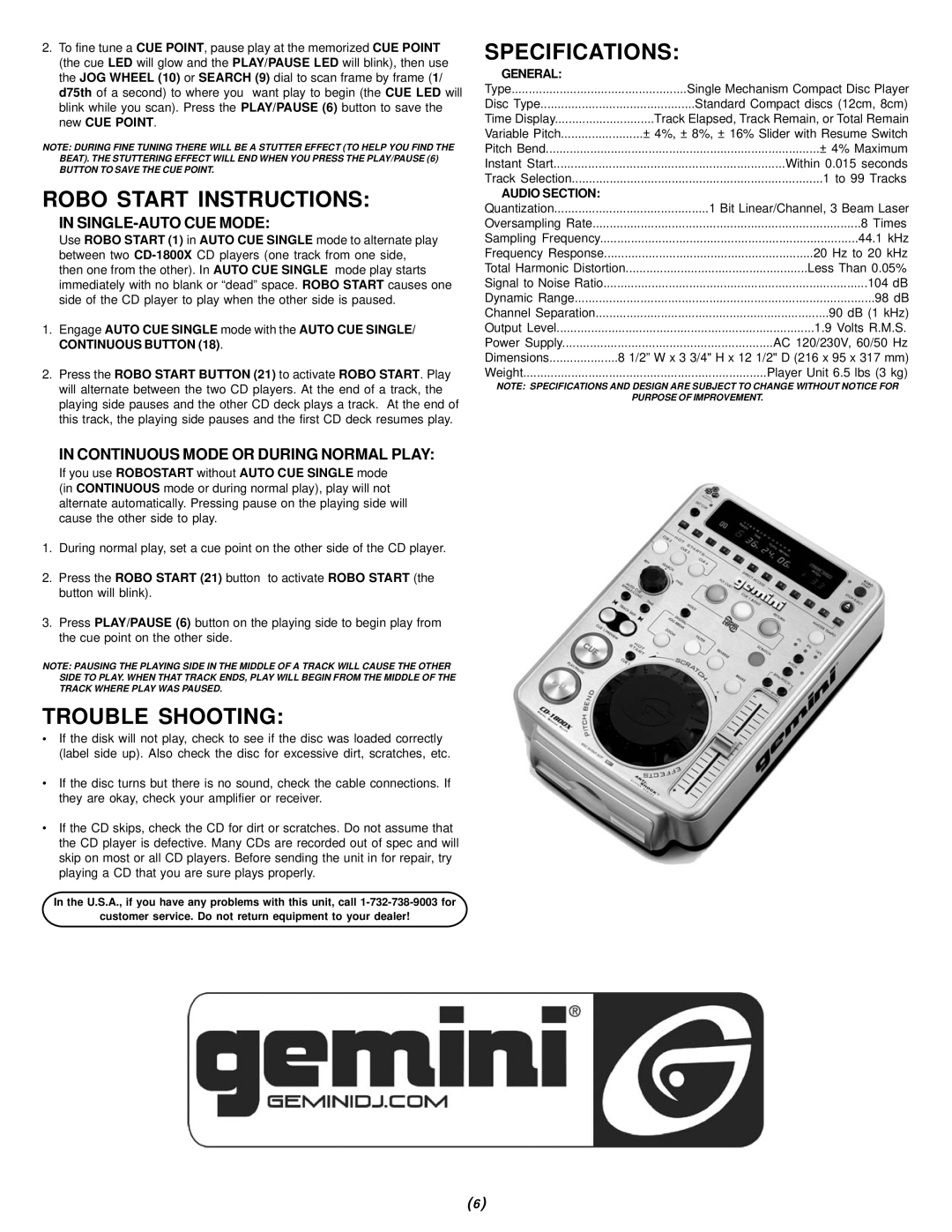 Gemini CD-1800X manual Robo Start Instructions, Trouble Shooting, Specifications, SINGLE-AUTO CUE Mode 